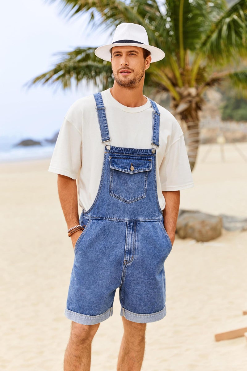 Karlywindow Mens Denim Bib Overall Shorts Loose Fit Summer Walk Shorts Above Knee Length Shortalls Jumpsuit Rompers - Image 2